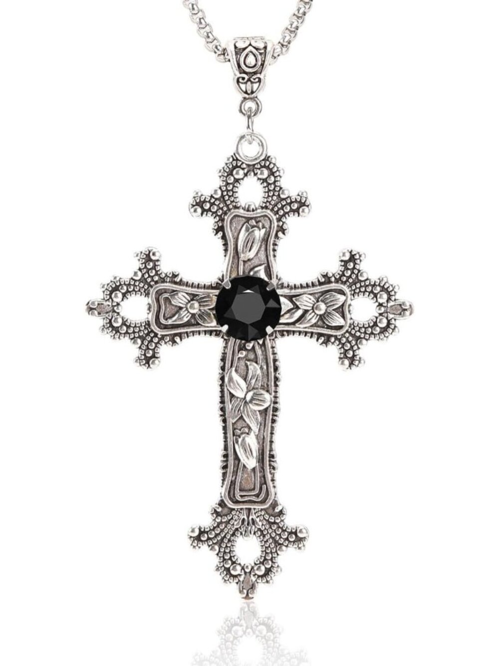 Gothic Silver Cross Necklace with Glass Stone on 25” Steel Chain - Y2K Halloween